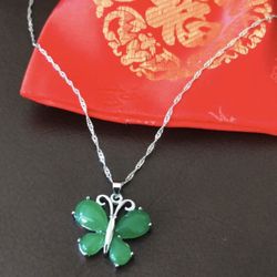 Brand new pure silver S925 jade butterfly Necklace with a Beautiful silk pouch!