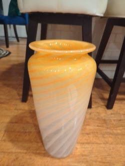 Large Hand Blown Orange And Cream Swirl Italian Art Vase 