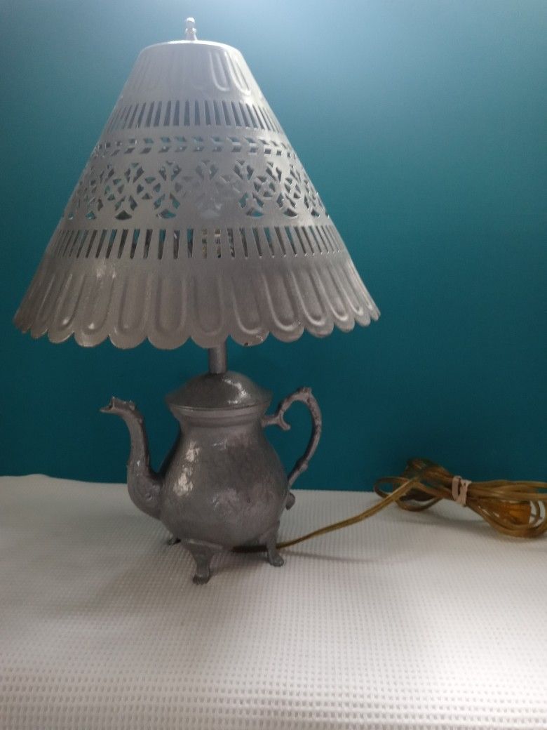 Metal Teapot Lamp with Punched Metal Shade Serpent Spout