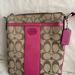 COACH Crossbody Purse Pink and Brown Signature Monogram Print Bag Vintage With Hang Tag