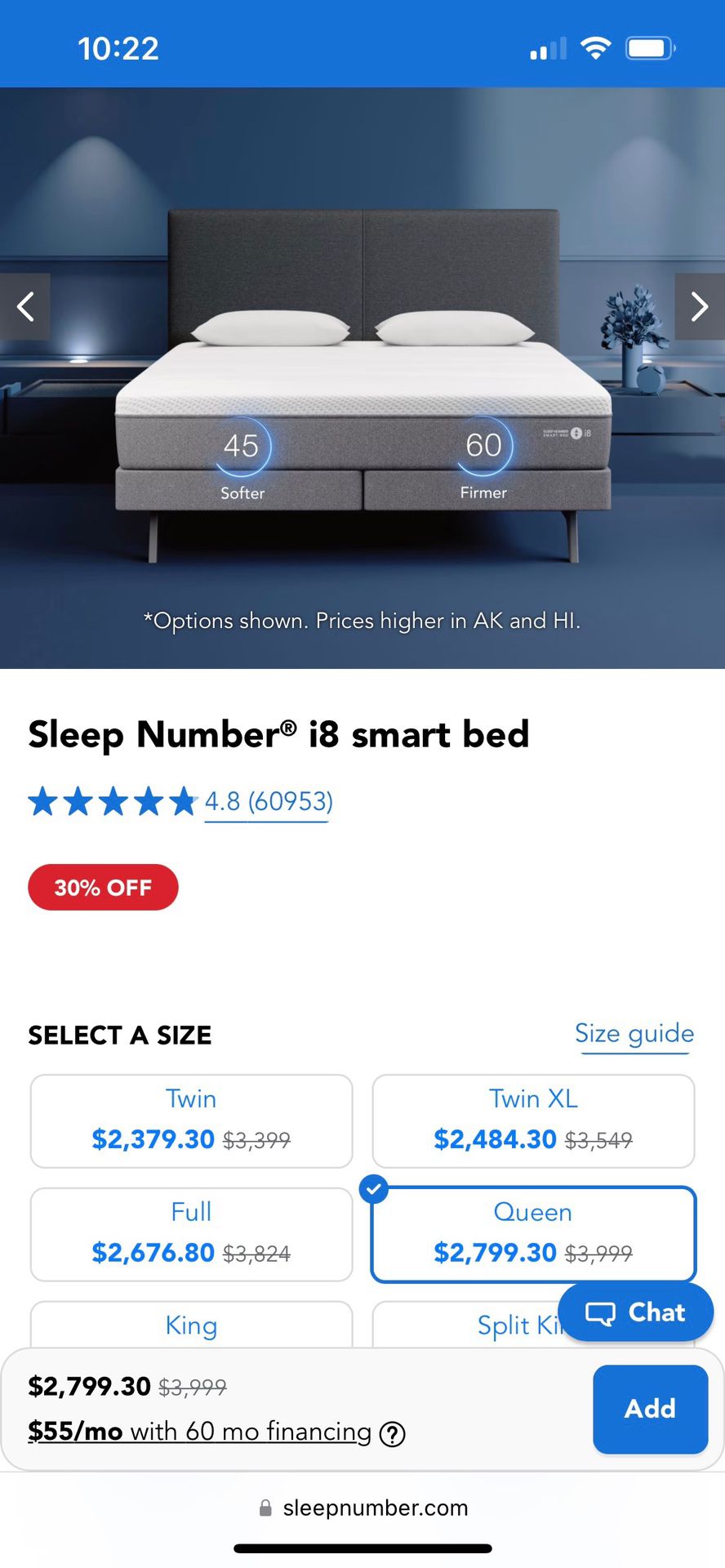 Sleep Number i8 Smart Bed $399.99 