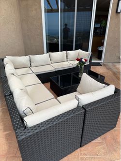 10-Piece Outdoor Rattan Sectional Set — Black Wicker, Khaki Cushions