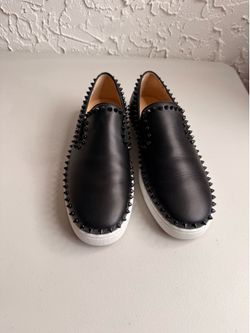 Christian Louboutin Pik Boat Flat Calf Spiked Slip-On Sneakers, black/black, size EU 42.5