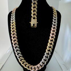 Premium Iced Out 22" 13mm Tri Color Cuban Link Chain With 9" Matching Bracelet