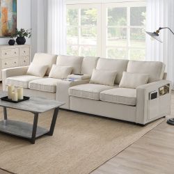114.2 Upholstered Sofa with Console, 2 Cupholders and 2 USB Ports Wired or Wirelessly Charged, Modern Linen Fabric Couches with