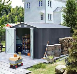 9×11 FT Outdoor Storage Shed: 3 Lockable Door Metal Utility Shed with Galvanized Steel Frame & 4 Ventilation System - Spacious Garden Tool Storage for