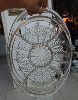 Vintage oval clear cut glass divided serving platter with handles on both sides, leaf pattern, 16x11 inch, no chips or cracks