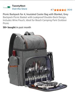 Picnic Backpack for 4, Insulated Cooler Bag with Blanket, Grey Backpack Picnic Basket with Leakproof