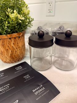 Glass Bathroom Canisters with Dark Metal Lids – Set of 2