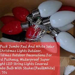 12 Pack Jumbo Red And White Solar C9 Christmas Lights Outdoor, Christmas Outdoor Decorations For Yard Pathway, Waterproof Super Bright LED String Ligh