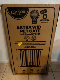 Carlson 29–36.5" Extra Wide Walk-Thru Dog Gate with Small Pet Door, White