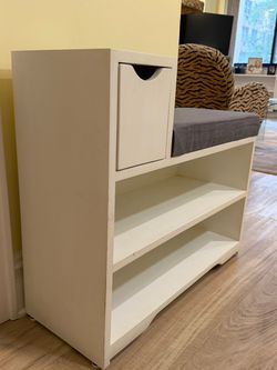 White Entryway Bench with Shoe Shelves and Drawer