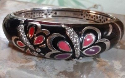 Sterling 925 Butterfly Bangle Bracelet - Black Enamel and Crystal