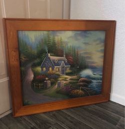 "Pine Cove Cottage" by Thomas Kinkade 25x29 inch Large Framed Print Wood Frame