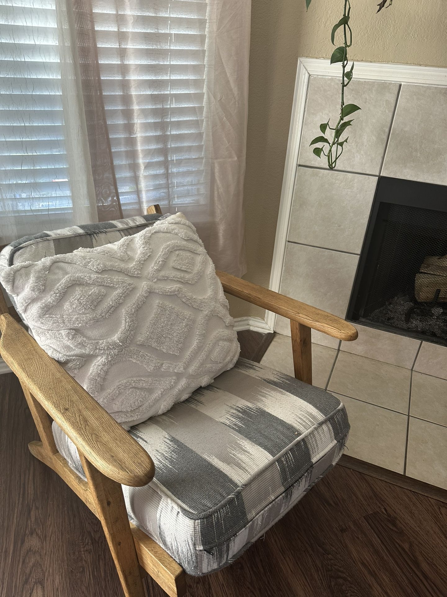 Vintage Pine Oak Lounge Chair With Stripe Cushions 