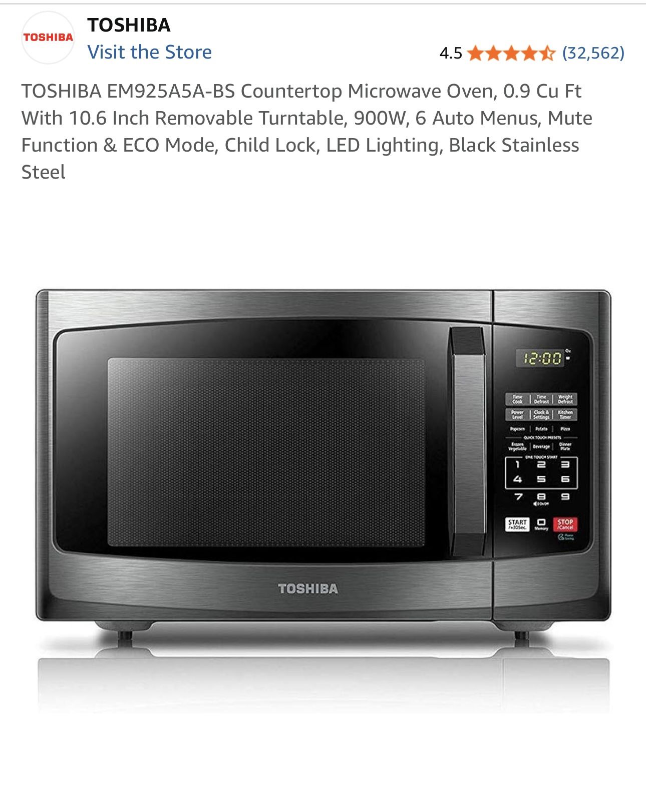 TOSHIBA EM925A5A-BS Countertop Microwave Oven, 0.9 Cu Ft With 10.6 Inch Removable Turntable, 900W