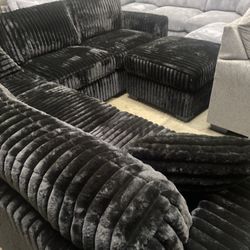 Black Plush Sectional Includes Ottoman and accent pillows Plush Wide Wale Corduroy 99x99 