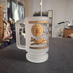 Frosted Glass Beer Mug With Gold United States Navy Insignia & Graphics - Mint Condition 6" Tall