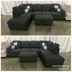 Brand New Charcoal Gray Linen Fabric Sectional With Storage Ottoman 