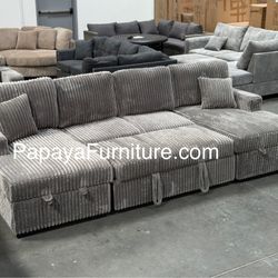 120” Ultra Large Sectional Sofa Bed, Double Chaise Sectional, Super Comfort Corduroy Couch, Sectional, Sofa, Couch, U-Shaped Couch, Sleeper Sofa