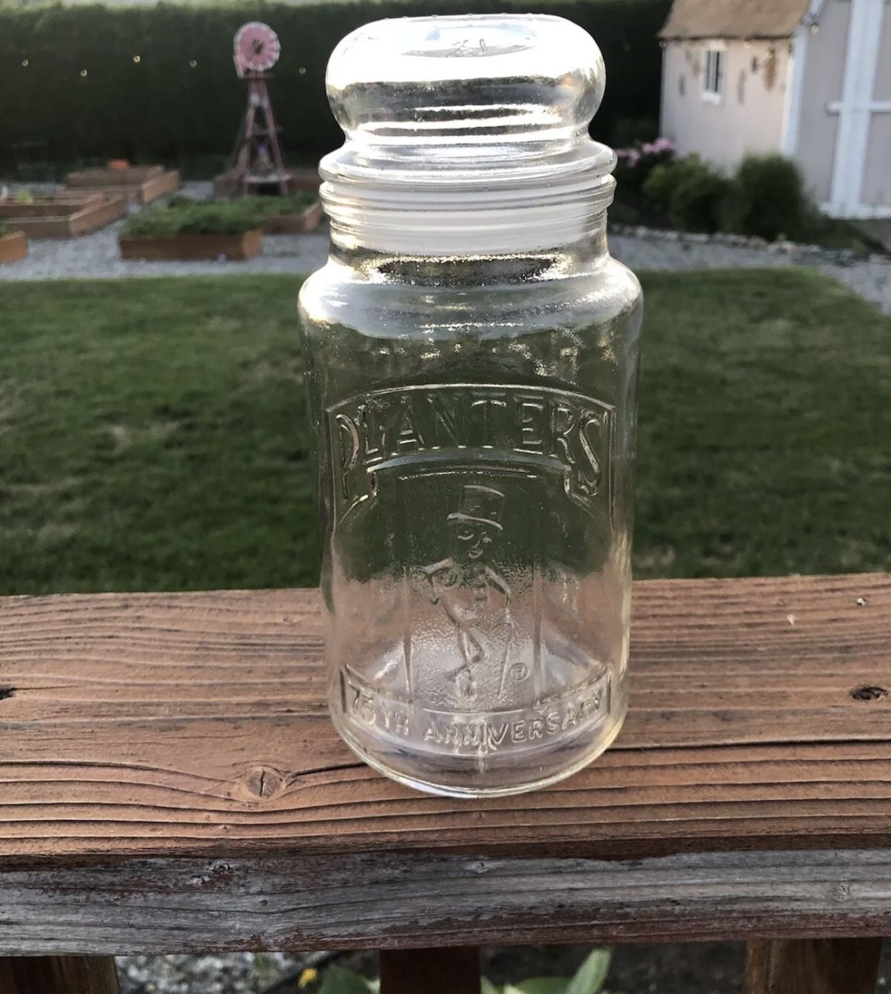 Vintage Planters Peanuts Mr. Peanut 75th Anniversary Glass Jar 1981