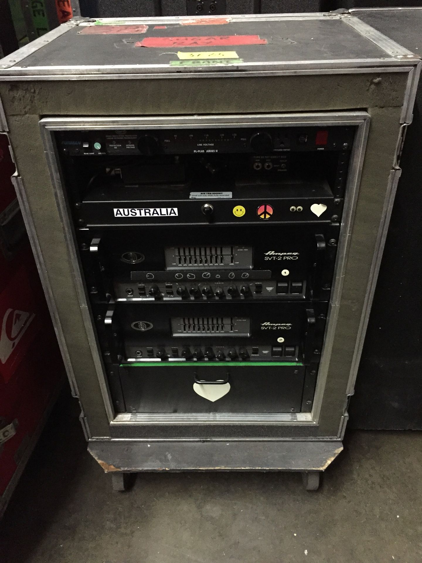 Ampeg Touring Rig - (2) Ampeg SVT 2 Pro amplifiers and (2) STV810E Cabinets in Road Cases also includes Countryman DI and Sansamp Bass driver.