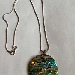 Large Shining Abalone Pendant On Sterling Silver Chain 