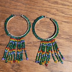 Green And Rainbow Dangle Hoop Earrrings