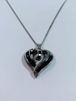 NIB Sterling Silver created Blue Sapphire diamond accents Heart Necklace
