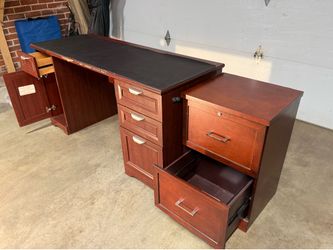 Wood Office Desk + Matching 2‑Drawer File Cabinet – Leather Top