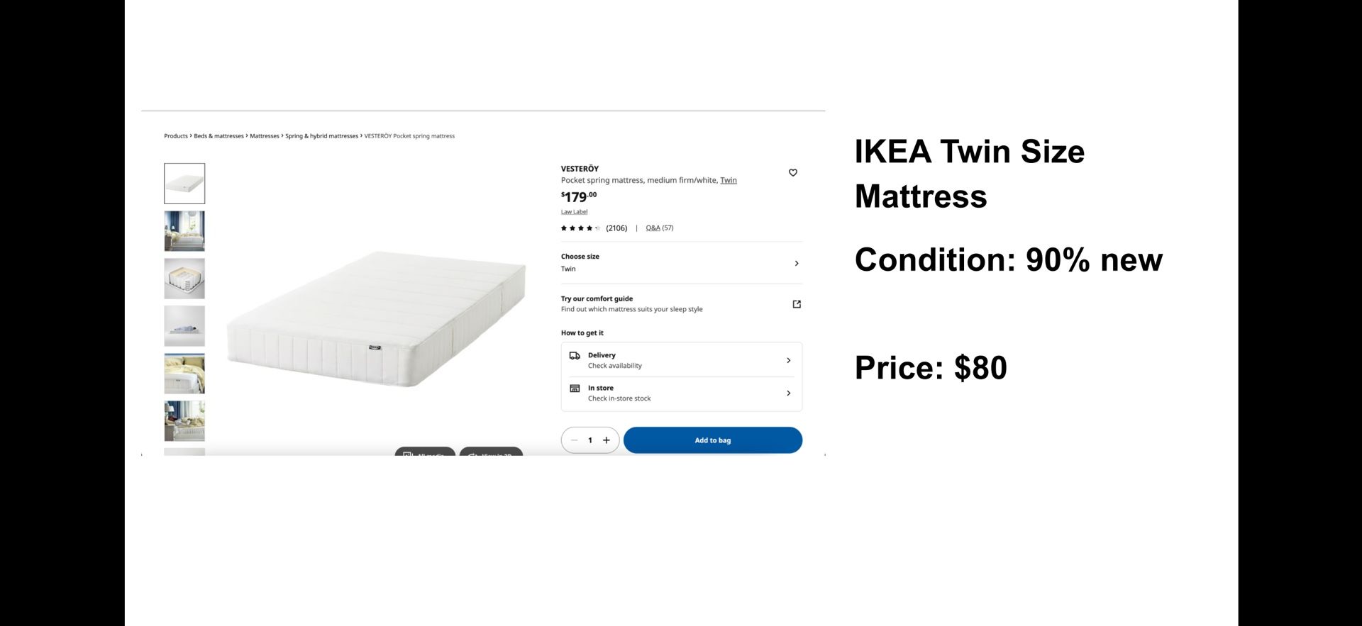 IKEA Twin Size Mattress Condition: 90% new