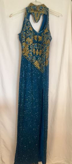 Linza’s California Turquoise/Gold Full Length Beaded Gown