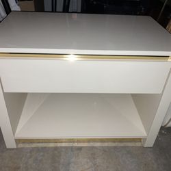 Pair Of Cream Gold trim Lacquer Bedroom Endtables With Drawer And Lower Shelf