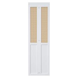 

24 in. x 80 in. Paneled Solid Core White Finished Wood and Rattan Weaving Bi-Fold Door w/ Hardware