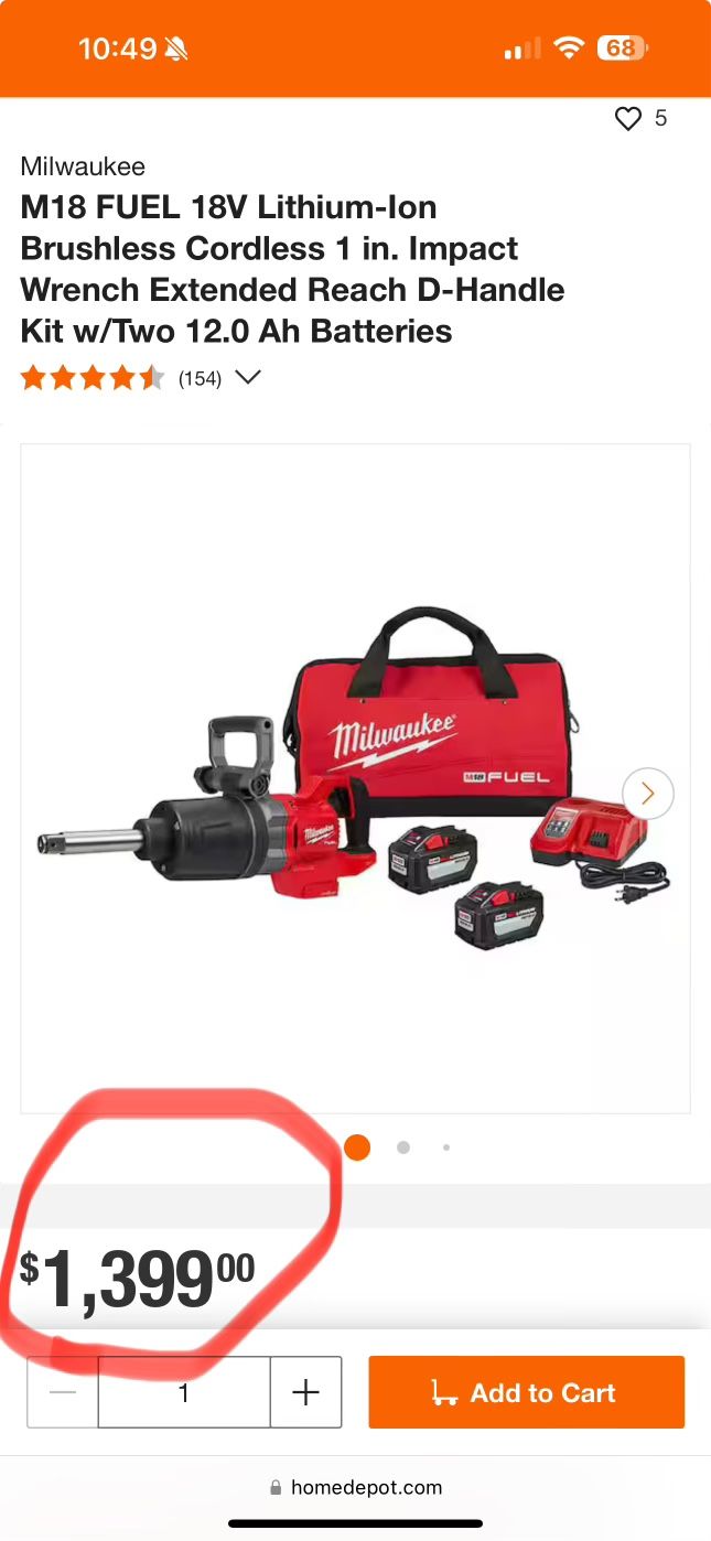 Brand New Milwaukee Fuel 18V Brushless 1” Impact Wrench Ext Reach D-Handle w/Two 12 Hr Batteries & Rapid Charger