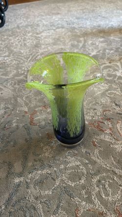 Hand-Blown Lime Green and Blue Splatter Glass Vase