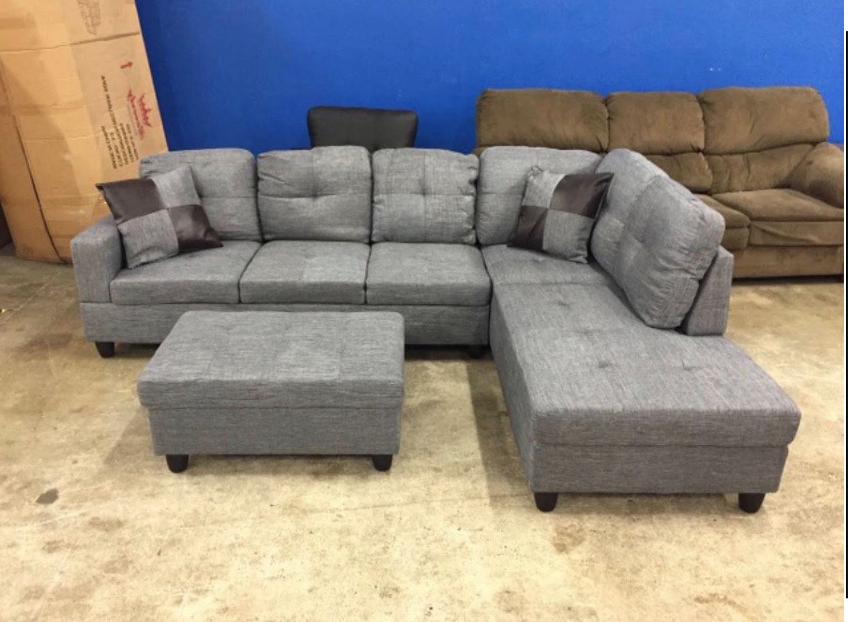 New gray linen Sectional Sofa W/ Free Ottoman And Pillows New In Original Boxes