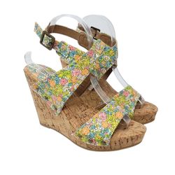 ANKLE WRAP WEDGE SANDALS FLORAL/STUDDED DESIGN *BOHO CHIC SIZE 8 GROOVE 4"WEDGE