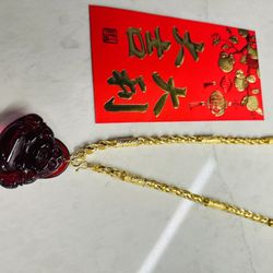 Red Amber Buddha Pendant With 24k Plated Chain