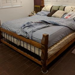Cal King Wood bed with tile/ King Mattress.