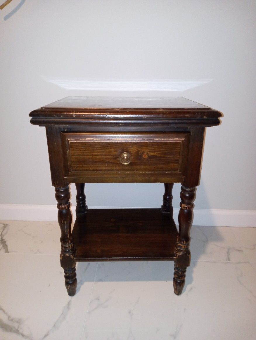 Dark Wood One Drawer End Table w/ Storage Shelf 