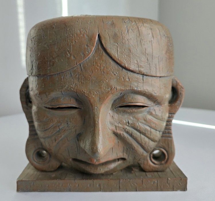 Vintage Resin Aztec Mesoamerican Style Mask Sculpture on Stand Candle Holder 7"