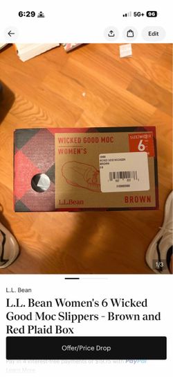 L.L. Bean Women's 6 Wicked Good Moc Slippers - Brown and Red Plaid Box