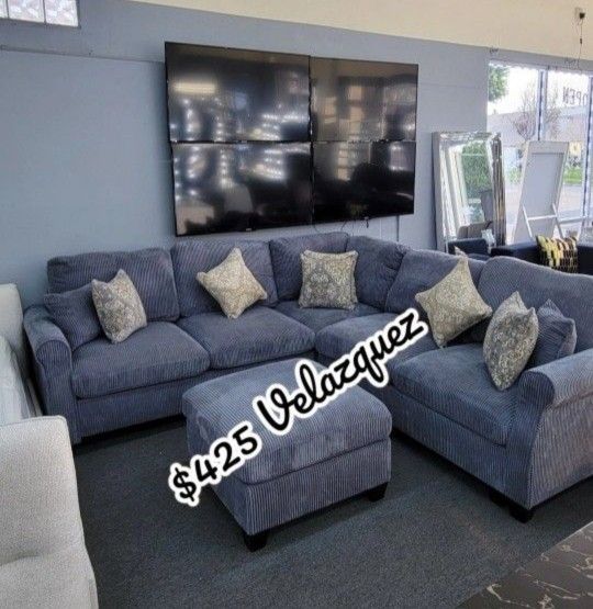 ✅️✅️ 4pc dark Grey corduroy fabric sectional sofa with rounded arms and ottoman ✅️✅️
