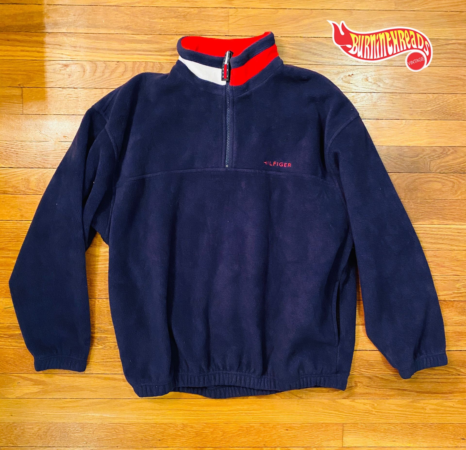 VTG 90s Tommy Hilfiger Fleece Pullover Sweater Jacket Blue Logo Collar Large