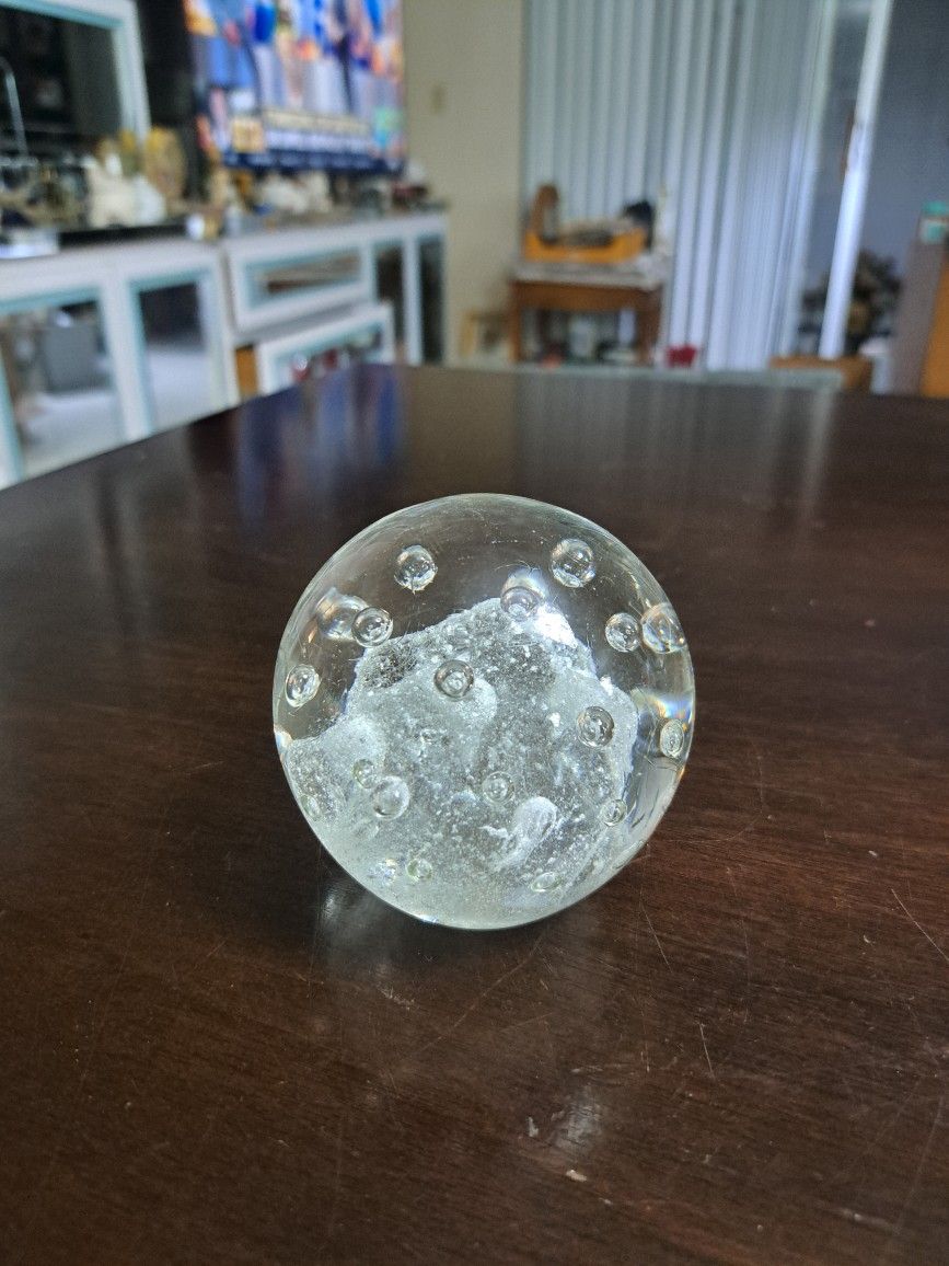 Vintage Clear Bubbles Round Crystal Ball Paperweight Infused With Bubbles Over A Cloud, 1LB 3OZ & Measures 3"