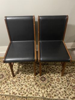 Vintage Pair of  Leather Bound Chairs with Flanking Brass Plates Hard Heavy Wood