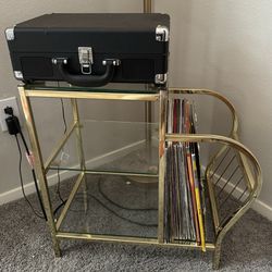 Mid century Golden Brass Side Table Magazine Rack / Record Holder With Glass Shelves