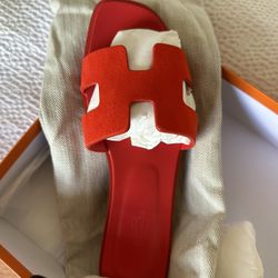 Hermes Real Leather Suède Red Sandals 38.5