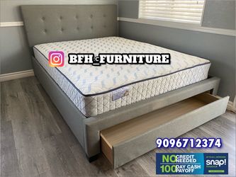 Full size grey tufted bed with orthopedic mattress included